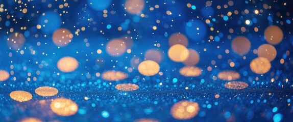 Poster - Blue and golden bokeh lights on shimmering background with soft focus for abstract artistic imagery