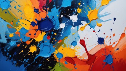 Poster - Colorful abstract paint splatter background with vibrant hues of blue, yellow, red, and orange for artistic visual appeal.