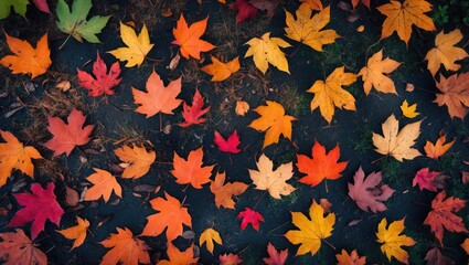 Poster - Colorful autumn leaves covering the ground in various shades of orange yellow red and green natural seasonal background