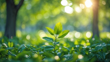 Poster - new green leaves sprouting amidst lush foliage with soft sunlight filtering through trees in a seren