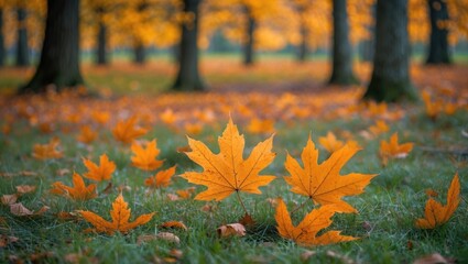 Poster - Autumn leaves on a green grassy ground among trees in a tranquil forest setting with vibrant orange foliage
