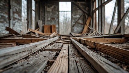Poster - Abandoned building interior with scattered wooden planks and debris on the floor against cracked walls and windows in natural light