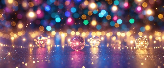 Poster - Colorful blurred lights with reflections and sparkling ornaments on a surface during festive season celebration background