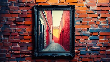 Wall Mural - Brick wall adorned with an ornate frame showcasing a colorful alleyway creating a striking contrast in black and white photography.