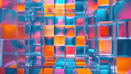 Poster - Colorful abstract glass tunnel with light reflections and geometric patterns in shades of blue, orange, and pink.