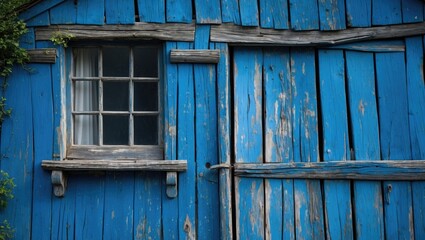 Wall Mural - Weathered blue wooden boards of a rustic village house featuring a vintage window frame with peeling paint and natural textures.