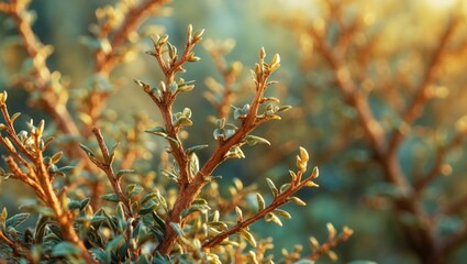 Poster - Close-up of green foliage and branches with new growth in soft warm light during the golden hour in nature.