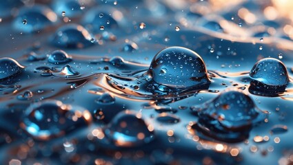 Poster - Close-up view of water droplets on the surface of blue liquid with reflections and bubbles illuminated by soft ambient light