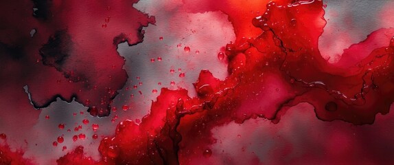 Poster - Abstract red watercolor texture with fluid shapes and dark gray accents creating a vivid background design.