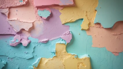 Poster - Textured wall with peeling pastel paint in shades of pink, blue, yellow, and green, creating an abstract background.