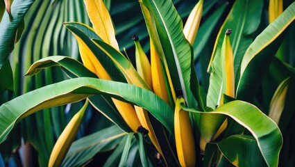 Poster - tropical foliage with green and yellow leaves in natural sunlight creating a vibrant botanical backg
