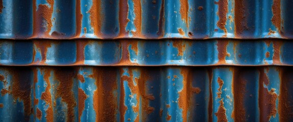 Poster - Rusty corrugated iron metal texture with blue and orange patina showing weathered appearance and peeling paint details
