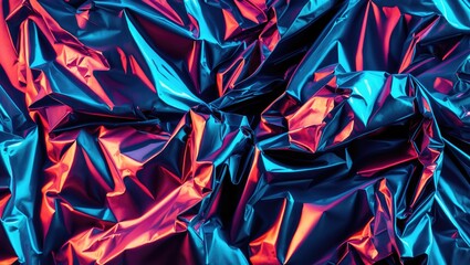 Poster - Vibrant crumpled aluminum foil texture in blue and pink hues with light reflections and shadows
