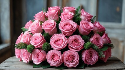 Poster - Pink roses bouquet arranged with greenery on rustic wooden surface against blurred background