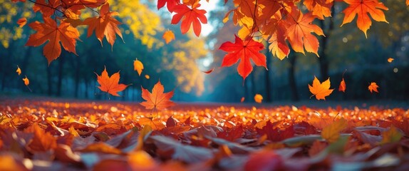 Poster - Vibrant autumn scene with colorful falling leaves on the ground under trees with a soft focus background in a park setting