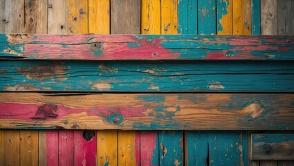 Poster - Colorful weathered wooden planks with peeling paint in blue, red, yellow, and natural wood tones for textured backgrounds