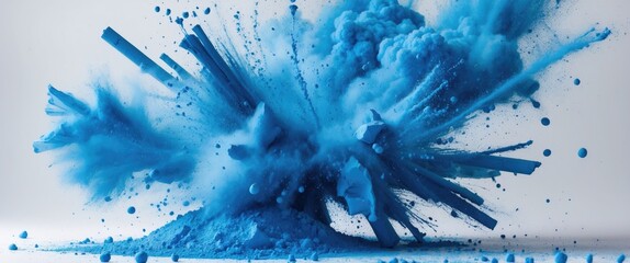 Poster - Blue color explosion creating a cloud of powder and particles against a white background with dynamic movement and texture