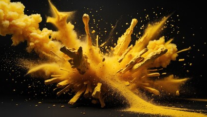 Poster - Yellow powder explosion with dust and smoke clouds on dark background