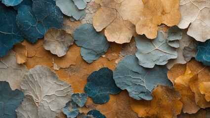 Poster - Textured background of dried leaves in blue, gray and orange shades arranged in an abstract pattern on a neutral surface.