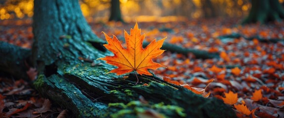 Wall Mural - autumn scenery featuring vibrant orange maple leaf resting on mossy tree trunk in a forest with scat