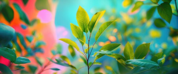 Poster - close-up view of vibrant green leaves with colorful soft background bokeh effect in natural sunlight