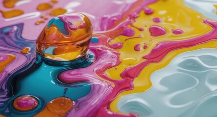 Poster - Close-up image of colorful liquid paint with a round droplet reflecting light on a vibrant abstract background