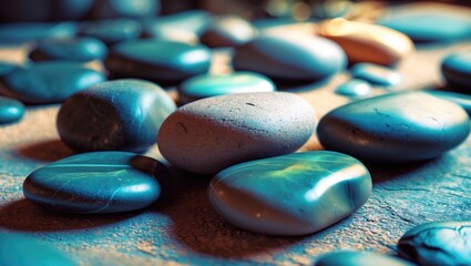 Poster - Colorful smooth pebbles arranged on a flat surface with soft ambient lighting creating a tranquil atmosphere