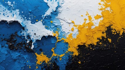 Poster - Abstract texture of peeling paint in blue, yellow, white, and black colors on a rough surface background