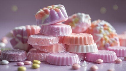 Canvas Print - Colorful assortment of pastel candies stacked together on a soft pink background perfect for sweet-themed designs and decorations.