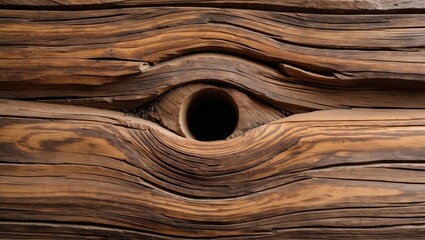 Poster - Close-up of textured wooden surface with natural patterns and a circular hole resembling an eye in the center.