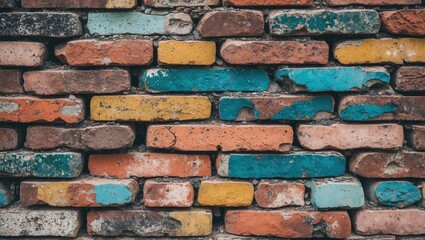 Poster - Colorful brick wall texture with weathered paint and rustic appearance in various shades of orange, blue, yellow, and brown.