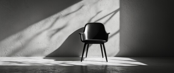 Poster - Minimalist black chair positioned in light and shadow against textured gray wall in modern interior setting