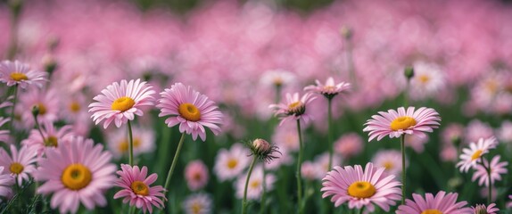 Poster - Field of blooming pink daisies with yellow centers in soft focus, vibrant spring scene, natural floral background.