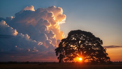 Poster - Sunset landscape with large tree silhouetted against colorful clouds and sky reflecting sunlight in a natural outdoor setting