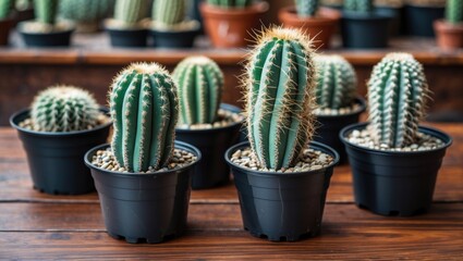 Wall Mural - Cacti in black plastic pots arranged on a rustic wooden table with pebbles enhancing their natural beauty and texture.