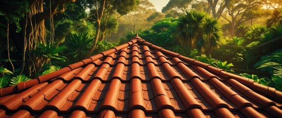 Wall Mural - Briquette roof in warm brown tones surrounded by lush green foliage in a serene natural setting with soft morning light