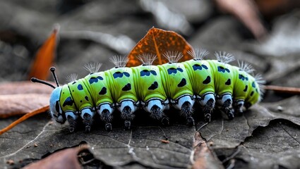 Poster - Colorful caterpillar on dried leaves showcasing unique patterns and textures in a natural habitat setting.