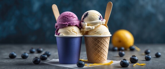 Poster - Delicious blueberry and vanilla ice cream scoops in colorful cups with wooden spoons surrounded by fresh blueberries on a textured background