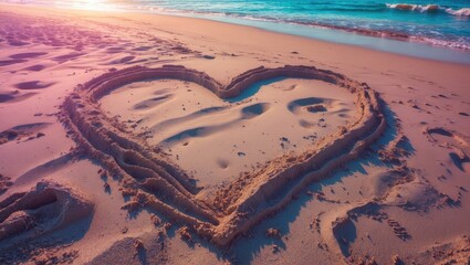 Wall Mural - heart shape drawn in sand on beach at sunset with waves and soft lighting in background. ocean and s