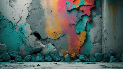 Wall Mural - Colorful abstract textured wall with peeling paint and rubble creating a unique urban background for creative design projects.