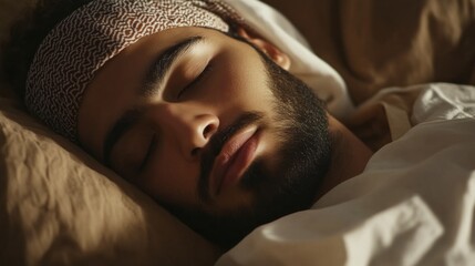 Poster - In a serene bedroom, a young arab man rests soundly, his features softened by the gentle light of the afternoon. A cozy atmosphere envelops him, evoking peace and stillness