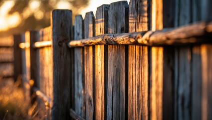 Wall Mural - wooden fence illuminated by sunset light in a rural setting showcasing texture and warm colors