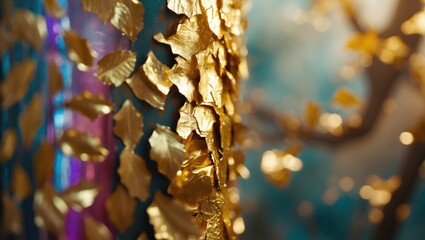 Poster - Close-up of gold foil leaves on a colorful surface with blurred background elements creating an artistic and textured composition