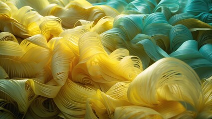 Poster - Colorful abstract texture of wavy ribbons in shades of yellow and turquoise creating a vibrant composition