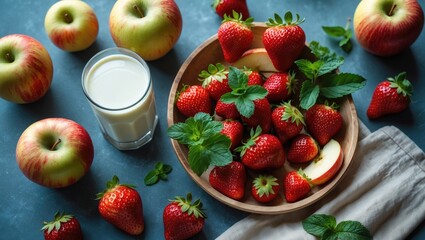 Canvas Print - Vibrant breakfast spread featuring fresh strawberries, apples, milk, and mint arranged in a cozy flat lay setting. Perfect for food photography.