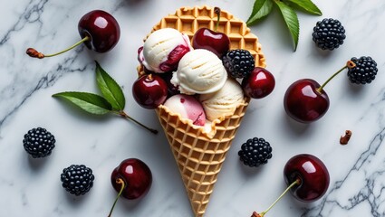 Canvas Print - Cherry and Blackberry Ice Cream Cone with Fresh Fruits on Marble Background Summer Dessert Concept Top View Vertical Composition