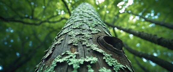 Wall Mural - Lichen growth on a tree trunk captured from below showcasing green leaves and blurred background for a nature-focused composition.