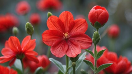 Wall Mural - Vibrant red flower in full bloom surrounded by lush green foliage symbolizing beauty and nature's brilliance.