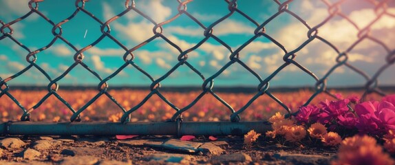 Wall Mural - Chain link fence with colorful flowers and vibrant sky background creating a serene landscape view in a rural setting.