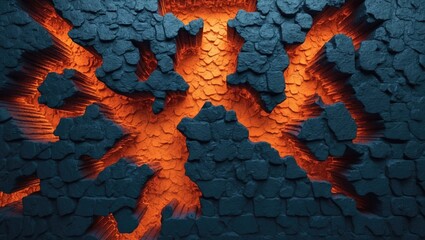 Poster - Textured wall with cracked surface revealing bright orange glow underneath in abstract design pattern